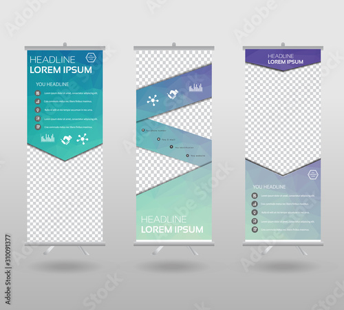 Roll Up Banner template and info graphics stand design, advertisement, display, business flyer, polygon background. vector illustration.