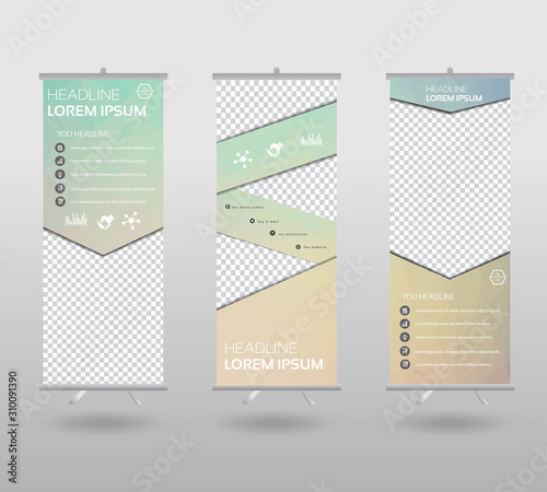 Roll Up Banner template and info graphics stand design, advertisement, display, business flyer, polygon background. vector illustration.