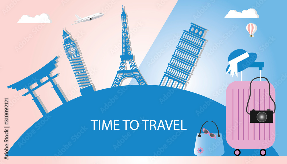 Fototapeta premium Overhead view of Traveler's accessories, Essential vacation items, Travel concept background