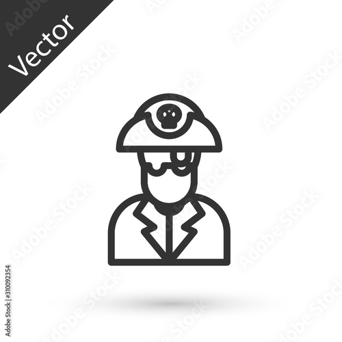 Grey line Pirate captain icon isolated on white background.  Vector Illustration