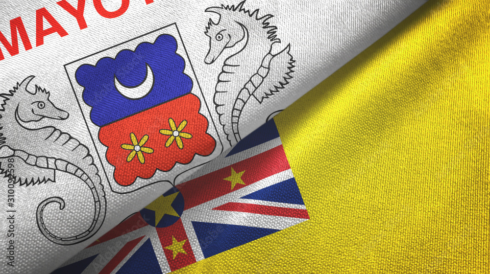 Fototapeta premium Mayotte and Niue two flags textile cloth, fabric texture