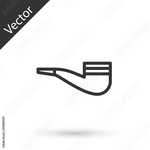 Grey line Smoking pipe with smoke icon isolated on white background. Tobacco pipe.  Vector Illustration