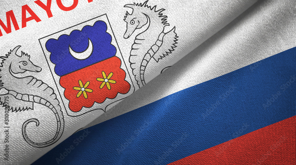 Mayotte and Russia two flags textile cloth, fabric texture