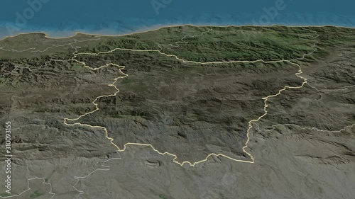 Bouira, province with its capital, zoomed and extruded on the satellite map of Algeria in the conformal Stereographic projection. Animation 3D photo