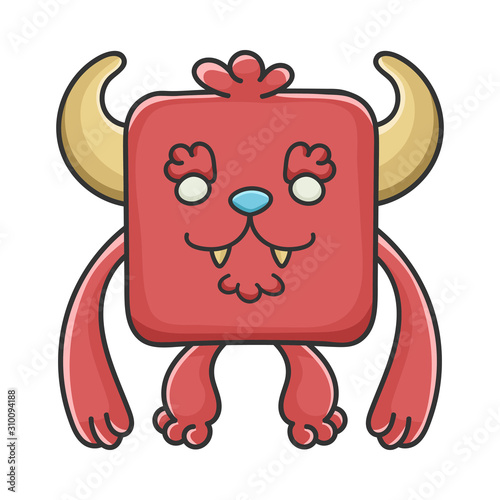 Happy Furry Red Square Devil Cartoon Monster