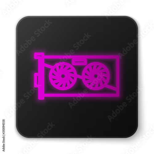 Glowing neon line Video graphic card icon isolated on white background. Black square button. Vector Illustration