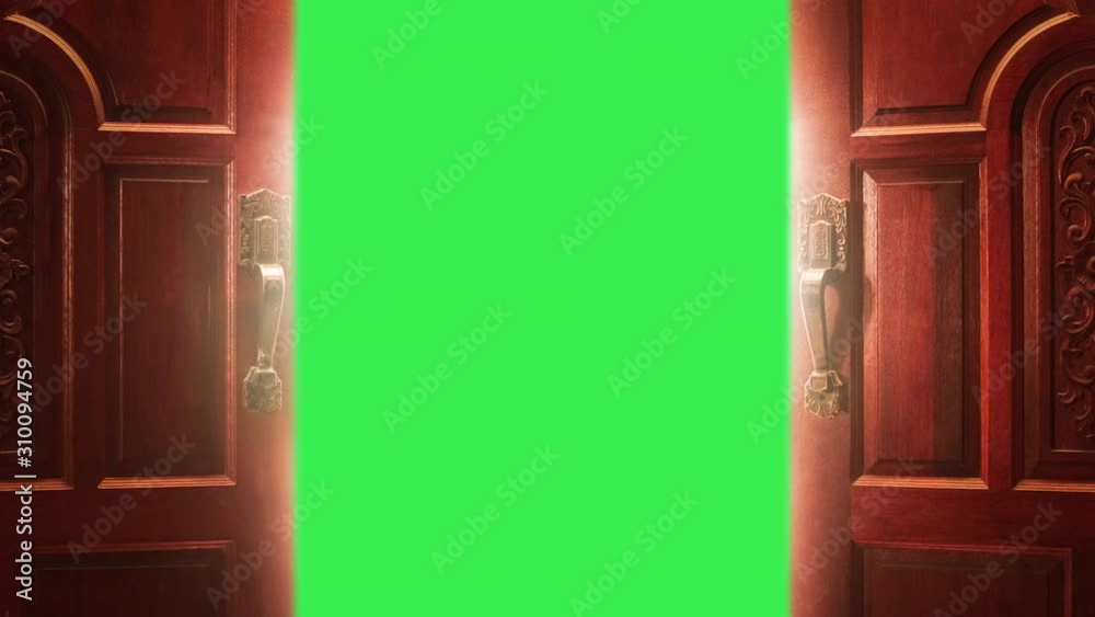 3D Render 4k open wood door on green screen animation 