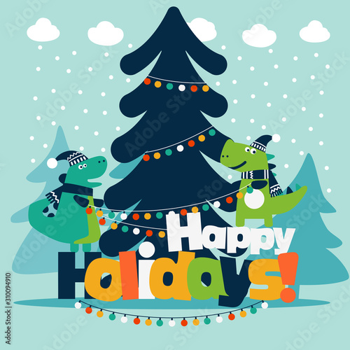 Cute winter holiday illustration with funny dinosaurs. Christmas and New Year vector card