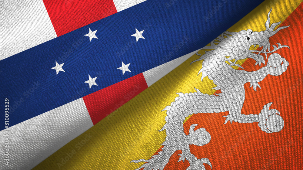 Netherlands Antilles and Bhutan two flags textile cloth, fabric texture Netherlands Antilles and Bhutan two flags textile cloth, fabric texture