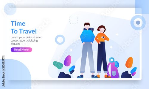 Time to travel concept, trip to world, man tourists traveling with friend or family going on vacation banner, landing page template for banner, flyer, ui, web, mobile app, poster