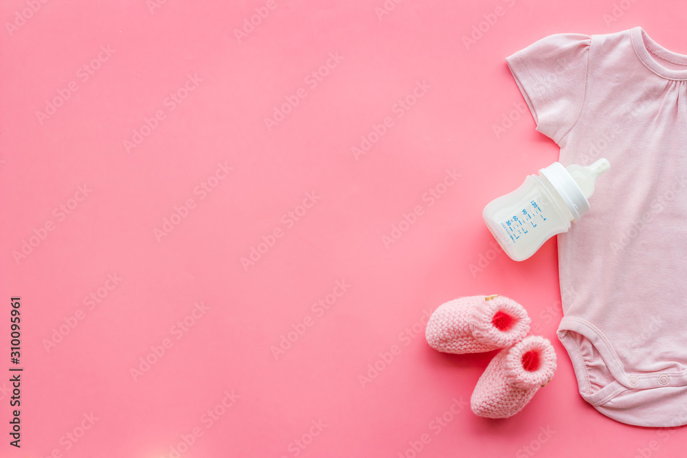 Baby background - pink color. Clothes, booties and accessories for newborn  girl on pink table top-down frame copy space Stock Photo | Adobe Stock