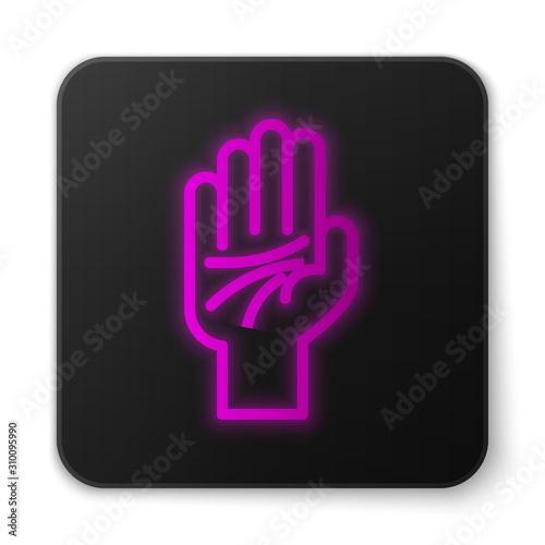 Glowing neon line Palmistry of the hand icon isolated on white background. Black square button. Vector Illustration