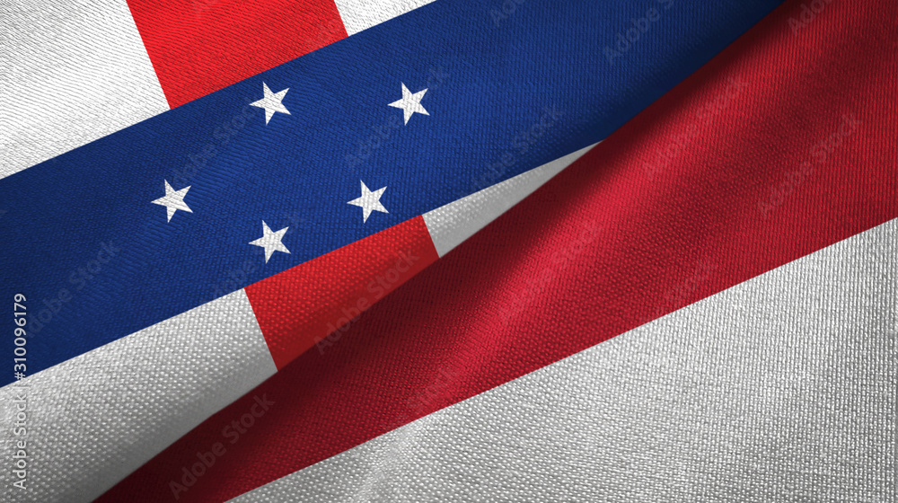 Fototapeta premium Netherlands Antilles and Indonesia two flags textile cloth, fabric texture