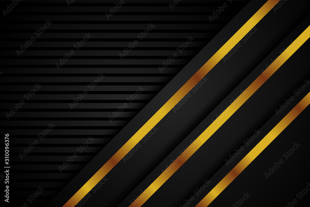 luxury black - gold abstract background banner.  vector illustration with black strip art and gold line diagonal. horizontal layout 