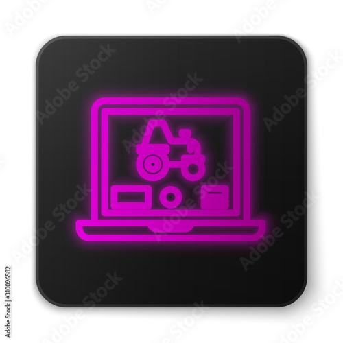 Glowing neon line Laptop application for control a autonomous tractor on a smart farm icon isolated on white background. Smart agriculture implement. Black square button. Vector Illustration