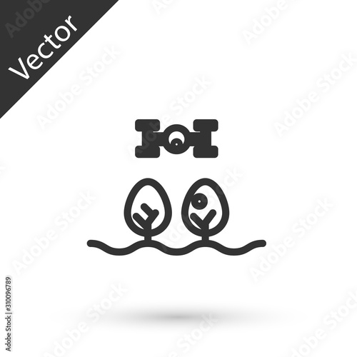Grey line Smart farm with drone control and tree icon isolated on white background. Innovation technology for agricultural company. Vector Illustration