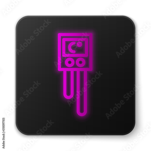 Glowing neon line Temperature and humidity sensor icon isolated on white background. Black square button. Vector Illustration