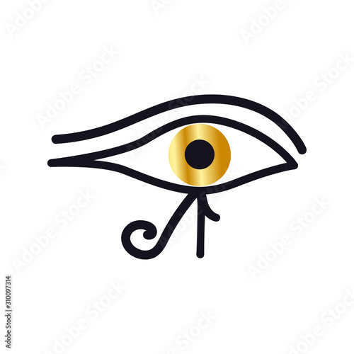 The symbol of the Eye of Horus is the all-seeing eye. Contour drawing with Golden pupil. Isolated on white background. Stock vector graphics.