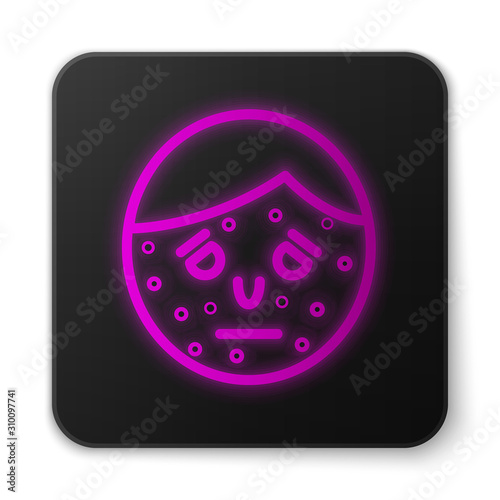 Glowing neon line Face with psoriasis or eczema icon isolated on white background. Concept of human skin response to allergen or chronic body problem. Black square button. Vector Illustration
