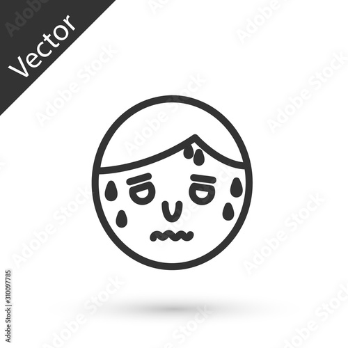 Grey line Man with excessive sweating icon isolated on white background. Vector Illustration