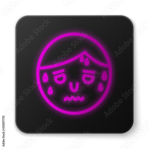 Glowing neon line Man with excessive sweating icon isolated on white background. Black square button. Vector Illustration