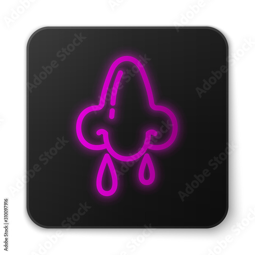 Glowing neon line Runny nose icon isolated on white background. Rhinitis symptoms, treatment. Nose and sneezing. Nasal diseases. Black square button. Vector Illustration