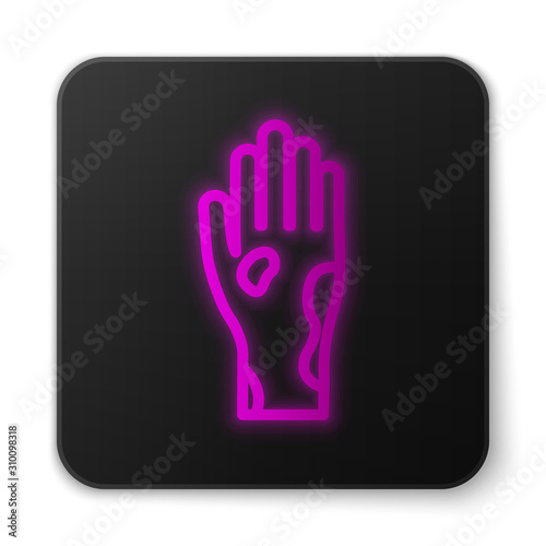 Glowing neon line Hand with psoriasis or eczema icon isolated on white background. Concept of human skin response to allergen or chronic body problem. Black square button. Vector Illustration