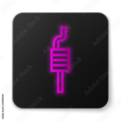 Glowing neon line Car muffler icon isolated on white background. Exhaust pipe. Black square button. Vector Illustration