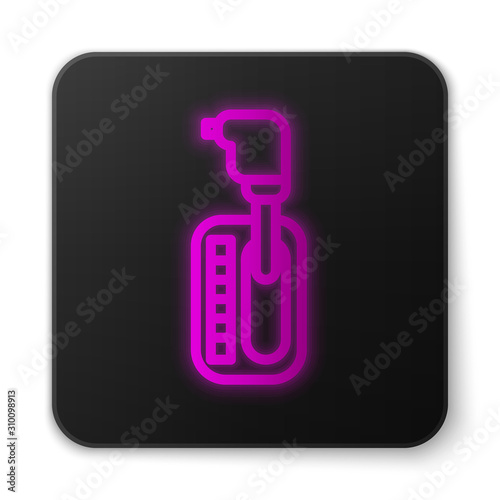Glowing neon line Gear shifter icon isolated on white background. Transmission icon. Black square button. Vector Illustration