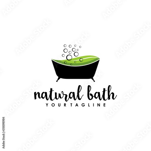natural bath spa leaf and bathtub logo design