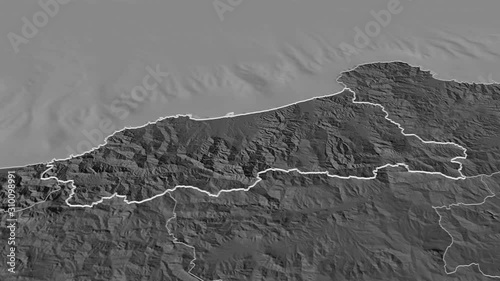 Jijel, province with its capital, zoomed and extruded on the bilevel map of Algeria in the conformal Stereographic projection. Animation 3D photo