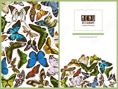 Menu cover design with colored papilio ulysses, morpho menelaus, graphium androcles, morpho rhetenor cacica, papilio demoleus, cethosia biblis, papilio antimachus, alcides agathyrsus, ornithoptera