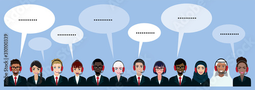 Group of call center, customer support, helpdesk or service concept. Different nationalities people. Cartoon character or flat design vector