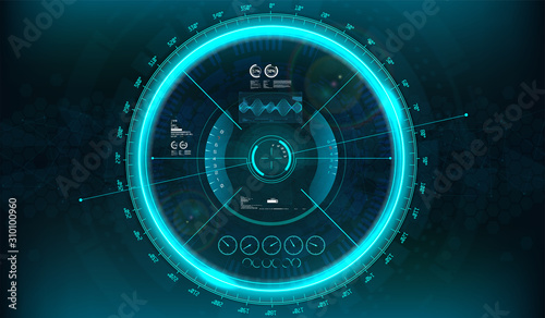 HUD Modern Aiming System with Device tilt level. Futuristic VR Head-up Display Design. View from the cockpit spaceship, drone, helmet, crosshair, aim. Techno target screen element. HUD GUI gadget.