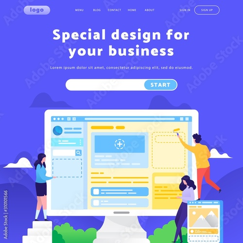 Vector web site design template. Business team building site wireframe. Landing page concepts for website mobile development. Modern flat illustration