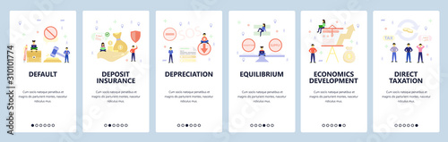 Mobile app onboarding screens. Economy development, demand supply, money deposit, default. Menu vector banner template for website and mobile development. Web site design flat illustration