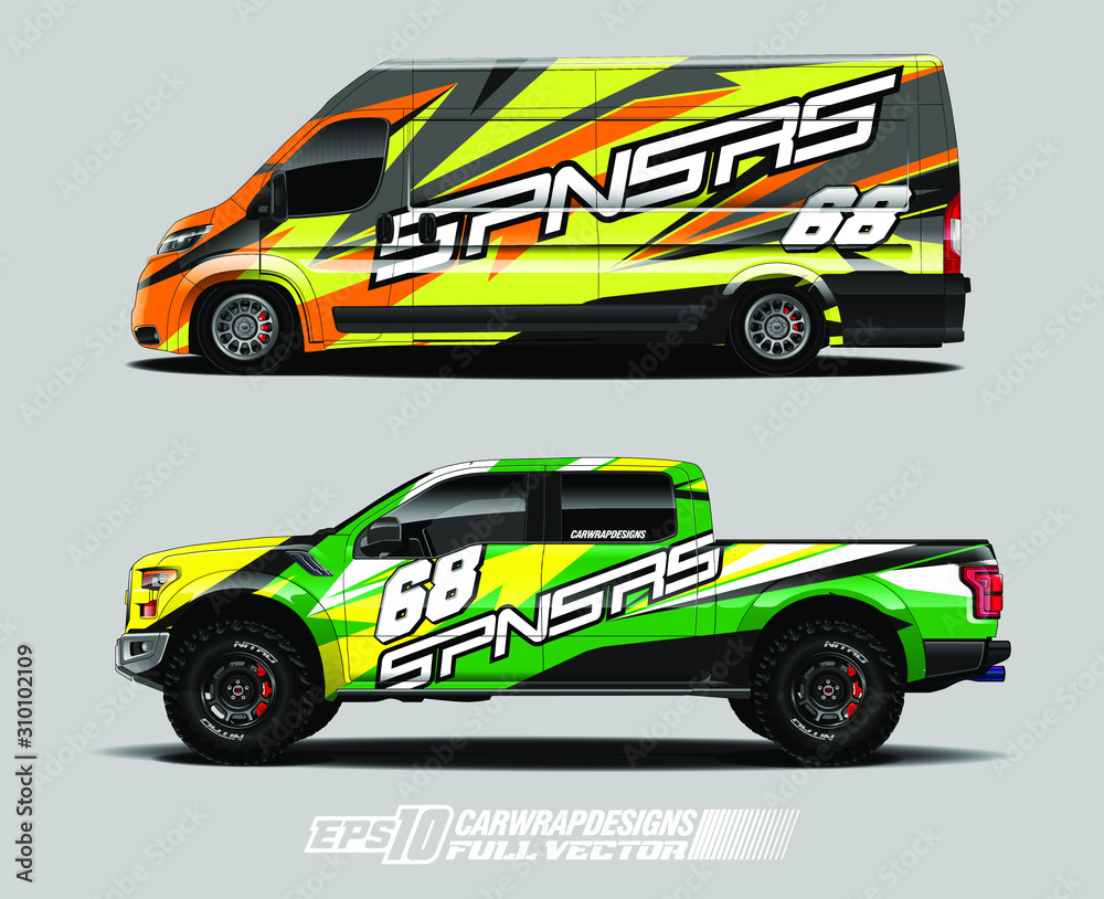 Van and truck wrap design vector. Abstract stripe racing background kit designs for wrap vehicle, race car, rally, branding car, adventure and livery. Full vector eps 10