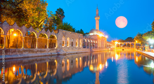 Halil-ur Rahman Mosque and Holy lake with full moon in Golbasi Park - Urfa, Turkey 