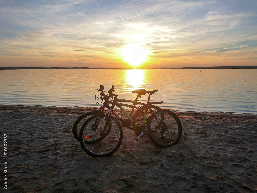 Fototapeta premium Sunset Bike front lake Minsk Belarus