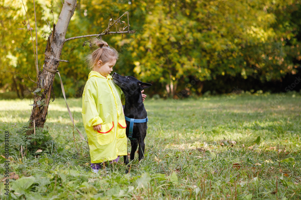 Girl in a yellow raincoat with a dog.