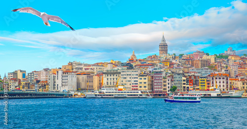Galata Tower, Galata Bridge, Karakoy district with a seagull and Golden Horn at morning, istanbul - Turkey