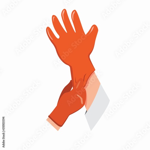 human hand wear sterile latex gloves, preparation for work doctor, scientist or cleaning job symbol in cartoon flat illustration vector