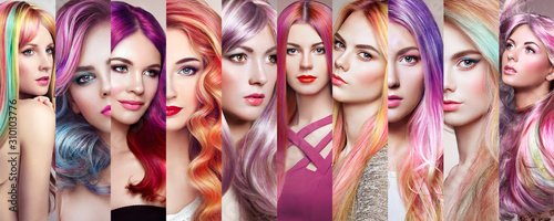 Beauty fashion collage girls with colorful dyed hair. Faces of women. Girl wi...