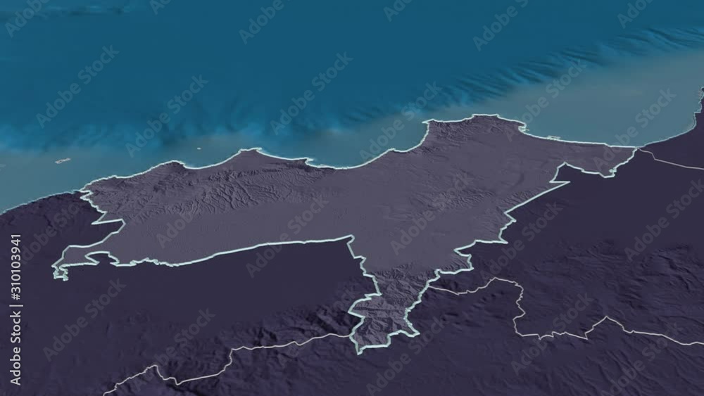 Oran, province with its capital, zoomed and extruded on the administrative map of Algeria in the conformal Stereographic projection. Animation 3D Oran, province with its capital, zoomed and extruded on the administrative map of Algeria in the conformal Stereographic projection. Animation 3D