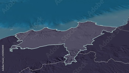 Oran, province with its capital, zoomed and extruded on the administrative map of Algeria in the conformal Stereographic projection. Animation 3D photo