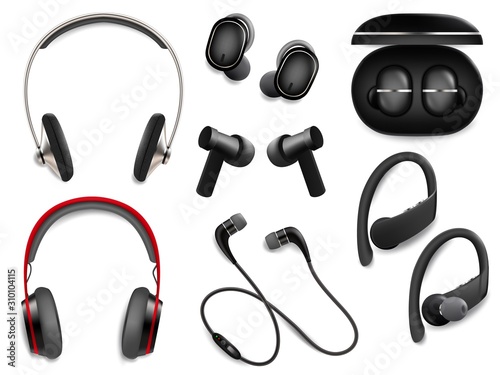 Realistic wireless headphones set, vector isolated illustration