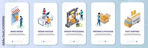 Online 3d printing mobile app onboarding screens vector template