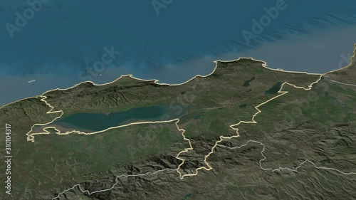 Oran, province with its capital, zoomed and extruded on the satellite map of Algeria in the conformal Stereographic projection. Animation 3D photo