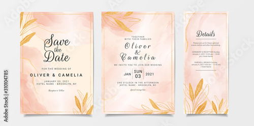 Rose gold watercolor wedding invitation card template set with glitter leaves. Abstract background save the date, invitation, greeting card, cover vector