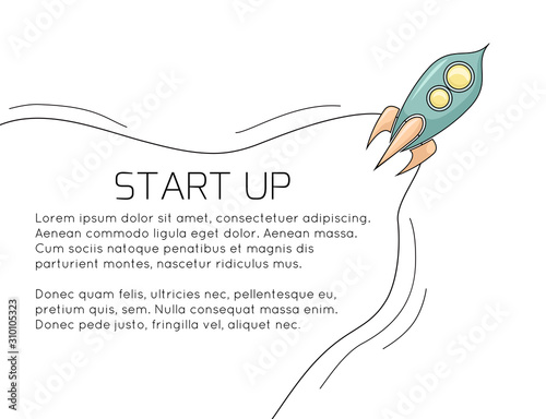 Startup. Successful start of your business. Linear illustration of rocket and smoke with place for text. Vector template for banners, cards, slides and your business.